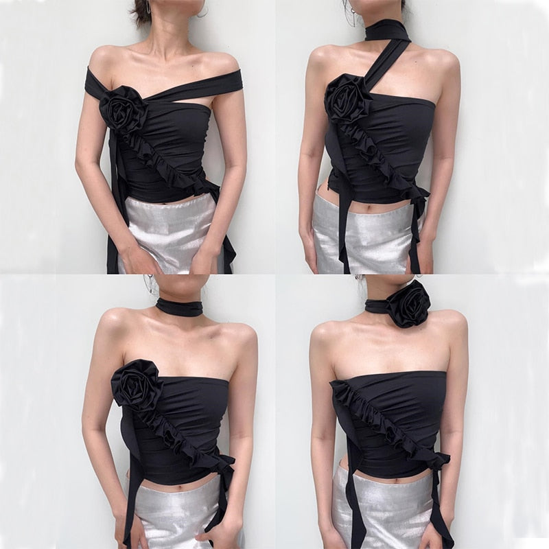 Xeemilo Y2K Strapless Ruffles Tube Tank Top Sexy Solid Pleated Bandage Backless Crop Tops Women Streetwear Cute Vintage Camisole