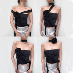 Xeemilo Y2K Strapless Ruffles Tube Tank Top Sexy Solid Pleated Bandage Backless Crop Tops Women Streetwear Cute Vintage Camisole