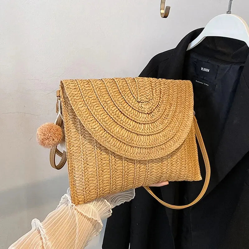 Soleil Woven Straw Envelope Crossbody Bag