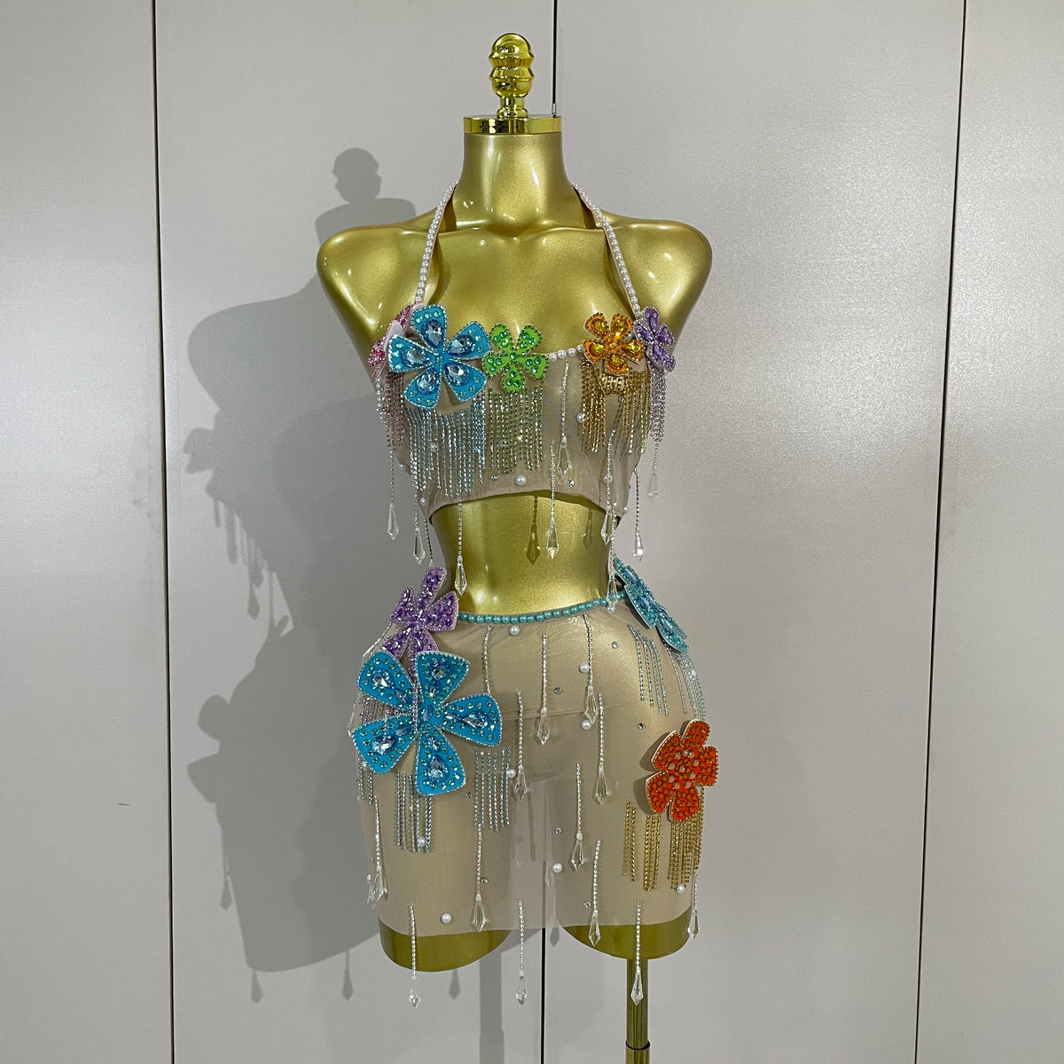 Esmeralda Crystal Fringe Flower Bra Top & Mini Skirt Two-piece