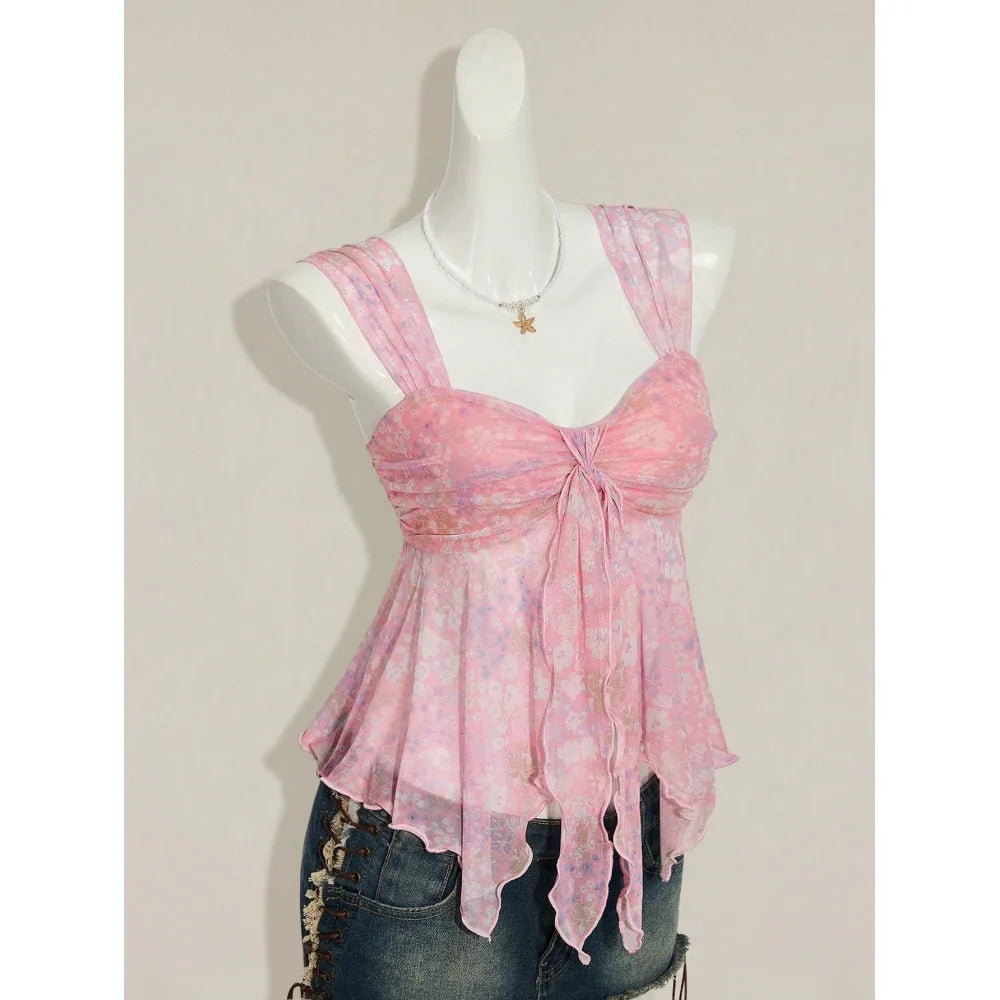 Poppy V-Neck Bow Sheer Camisole Crop Top One-piece