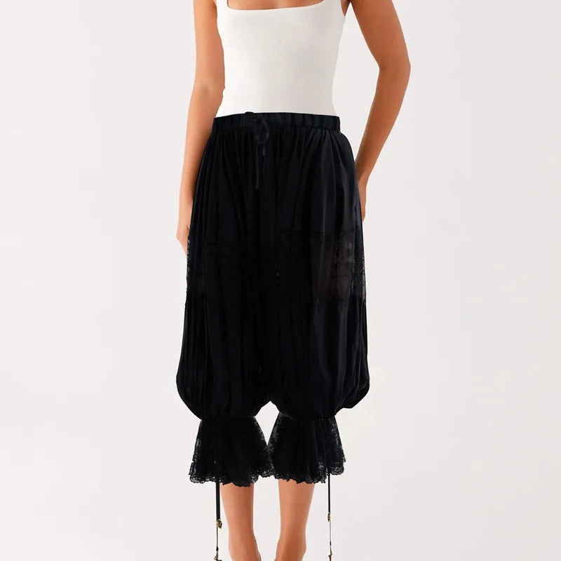 hirigin Women Long Lace Bloomers Casual Loose Fit Capris Stylish Solid Lace Floral Drawstring Mid Rise Crop Pants Y2K Streetwear