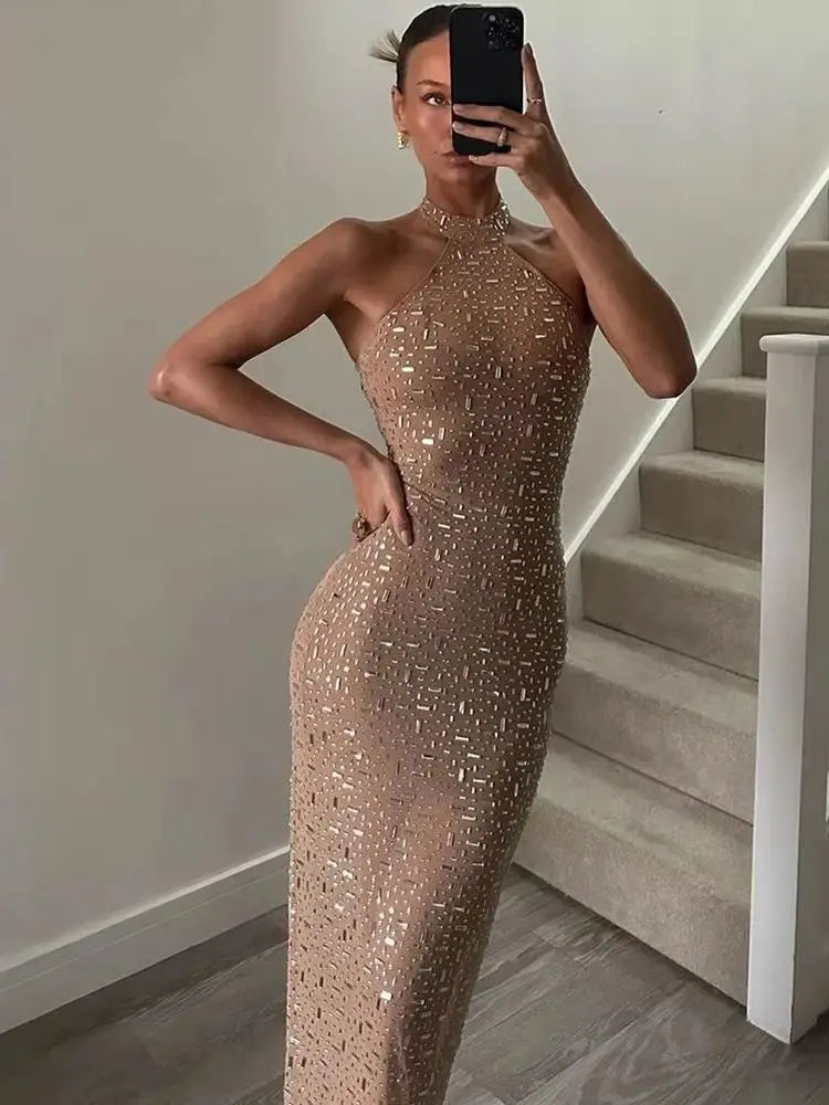 Giselle Sequin-Appliqué Halter Bodycon Maxi Dress