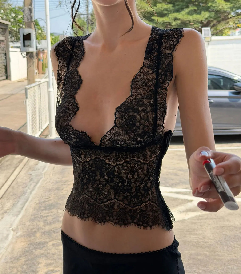 Nerissa Sheer Lace V-Neck Top One-piece