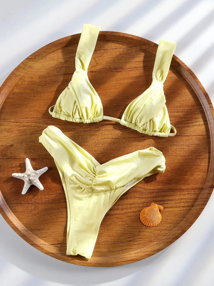 ZRTAK Push Up Bikinis Pleasted Swimwear 2026 Swimsuit Women Shiny Beachwear Sexy Bikini Set Low Waist Thong Brazilian Bikini