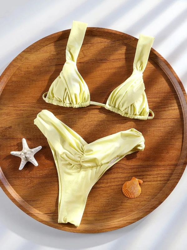 ZRTAK Push Up Bikinis Pleasted Swimwear 2026 Swimsuit Women Shiny Beachwear Sexy Bikini Set Low Waist Thong Brazilian Bikini