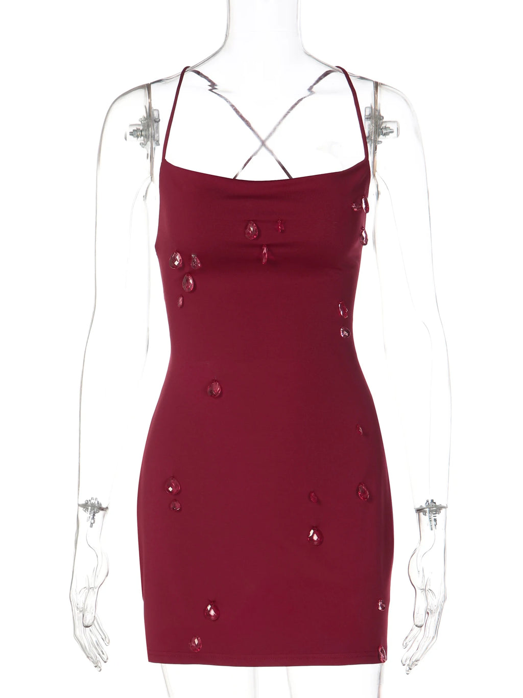 Yvette Burgundy Crystal Lace-Up Mini Dress