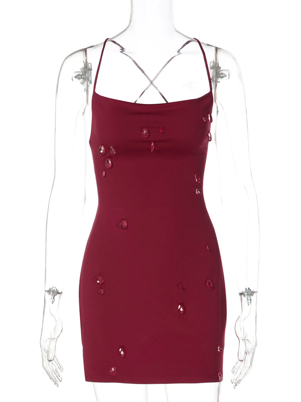 Yvette Burgundy Crystal Lace-Up Mini Dress