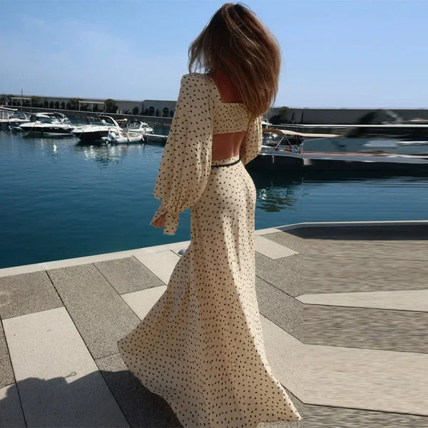 Fashion Women's Polka Dot Long Skirt Set Square Neck Lantern Sleeve Lace Crop Top High Waist A-line Skirts 2026 Summer Lady Suit