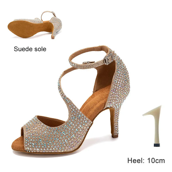 DKZSYIM Latin Dance Shoes For Women Ballroom Tango Rhinestones Dancing Shoes High Heels Black/Silver/Gold Women's Wedding Shoes