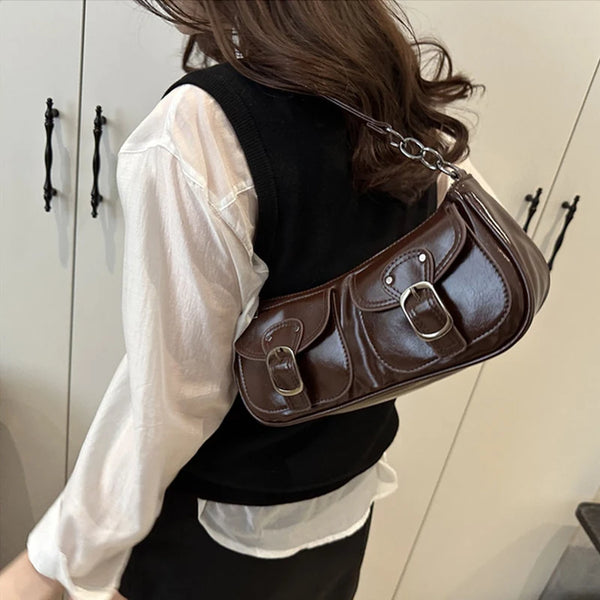 Fashion Pu Leather Women's Shoulder Bag Small Double Pocket Design Ladies Underarm Bags Y2k Vintage Female Handbags Clutch Purse