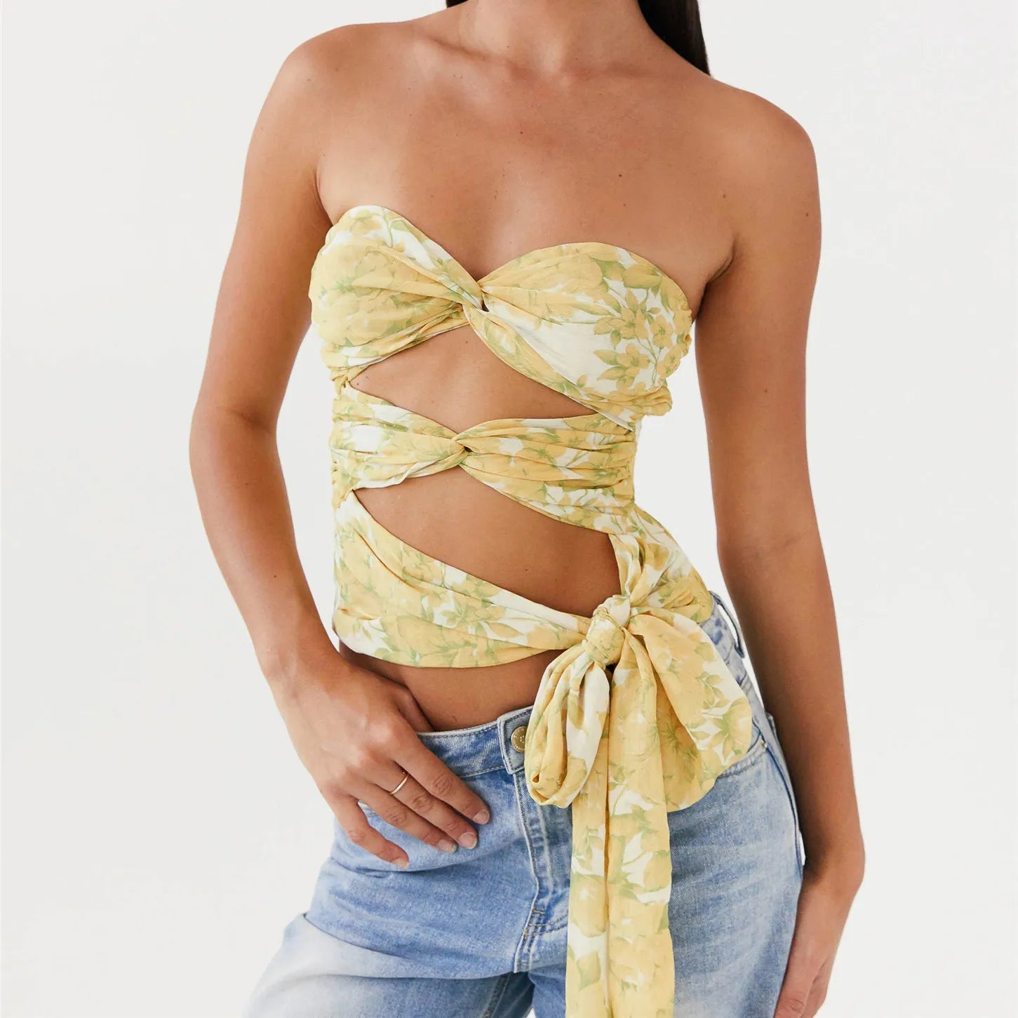 Freya Ruched Twist-Knot Tube Crop Top