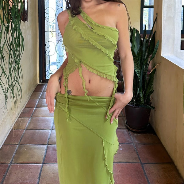 Sampic Ruffles Hollow Out Sleeveless Crop Top And Bodycon Maxi Split Skirt Two Piece Dress Y2K Women Summer Beach Outfits