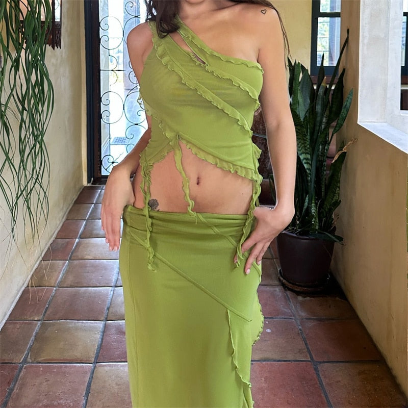 Sampic Ruffles Hollow Out Sleeveless Crop Top And Bodycon Maxi Split Skirt Two Piece Dress Y2K Women Summer Beach Outfits