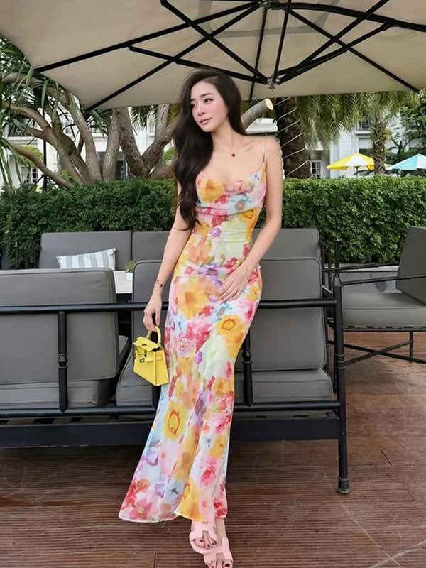 Flora Floral Spaghetti-Strap Bodycon Maxi Dress
