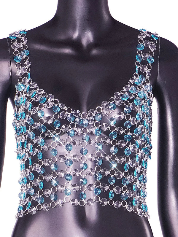 Sexy y2k clothes halter metal rhinestone Crop top women 2026 summer Tops shiny see through beach party tank top Club rave outfit