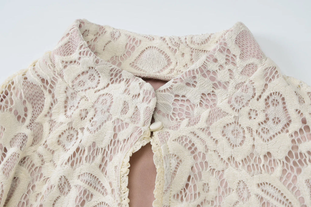 Pearl Lace Keyhole Flare-Sleeve Mini Dress
