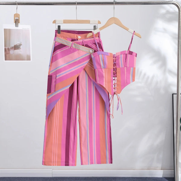 Valentina Striped Lace-Up Tube Top & Wrap Wide-Leg Pants Two-piece
