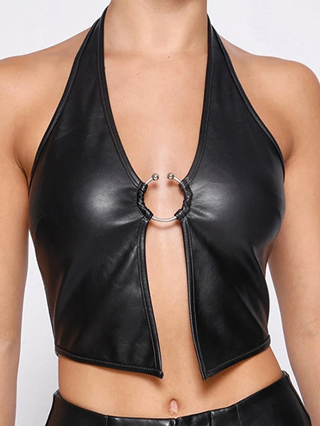 Sexy halter black leather corset Crop Top Women summer rave club Party Tank Top y2k streetwear PU womens Tops gothic clothes hot