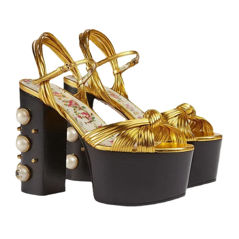 2026 Luxury Brand Women's Summer Fashion Metal Platform Sandals Large 34-42 Super High Heel Thick Bottom Rivet Party Women Shoes