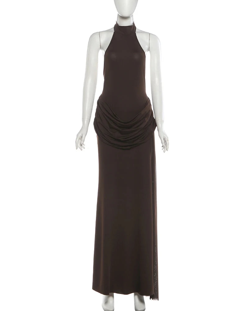 Nibber Backless Maxi Dress Women Halter Sleeveless High Side Slit Long Tassel Folds Solid High Elasticity Prom Party Vestidos