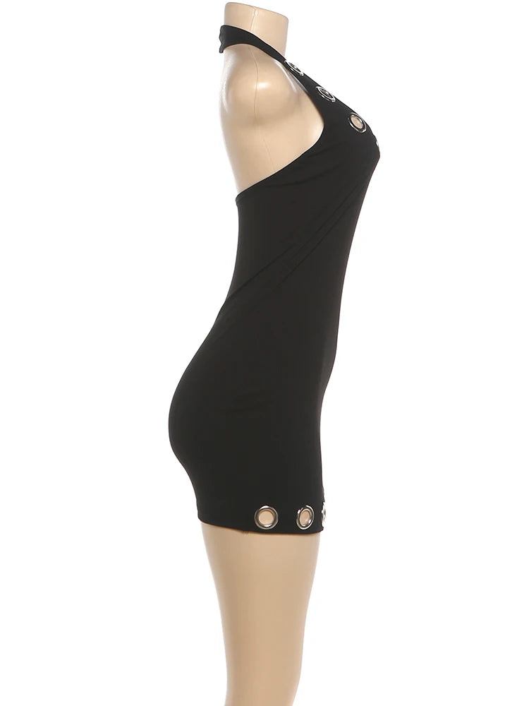 Kliou Sexy Backless Mini Dress Woman Metal Ring Hollow Decoration Halter U Collar Sleeveless Midnight Club Party Hipster Bodycon