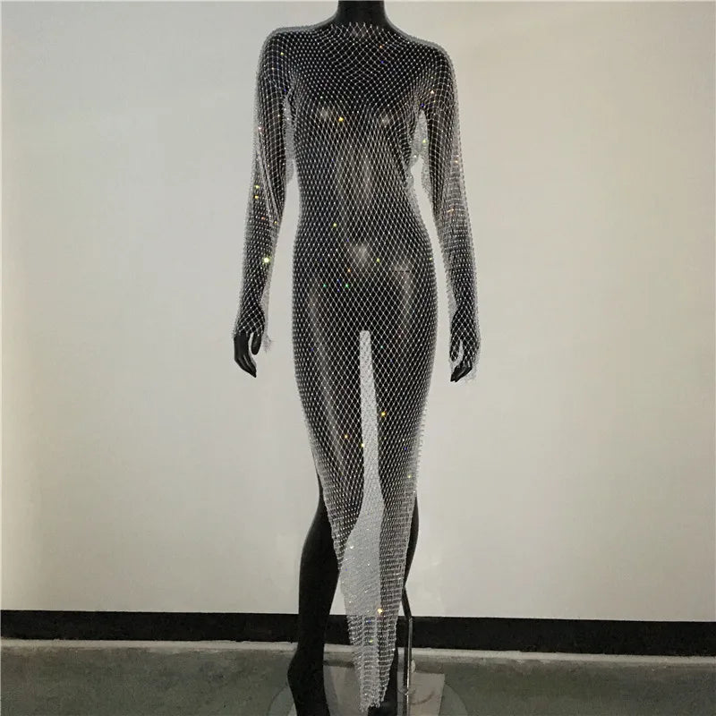 Celestine Rhinestone Fishnet Long-Sleeve Beach Cover-Up One-piece