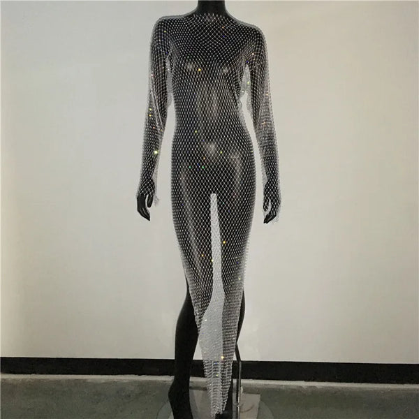 Celestine Rhinestone Fishnet Long-Sleeve Beach Cover-Up One-piece