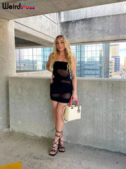 Aria Noir Strapless Sheer Mesh Bodycon Mini Dress
