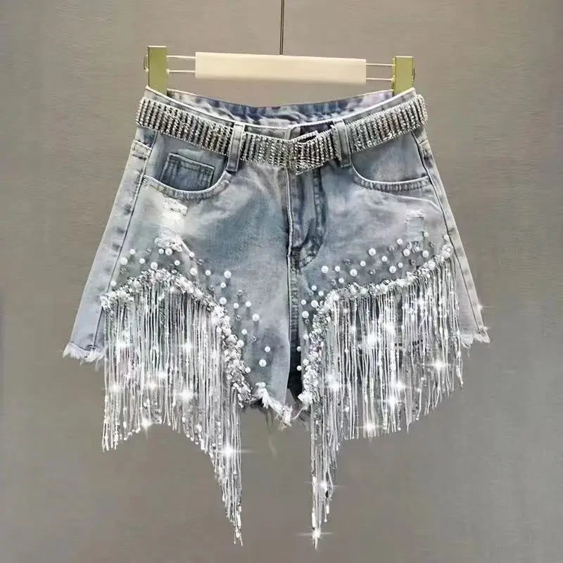 Ximena Rhinestone Pearl Fringe Denim Shorts Apparel One-piece Secondary image