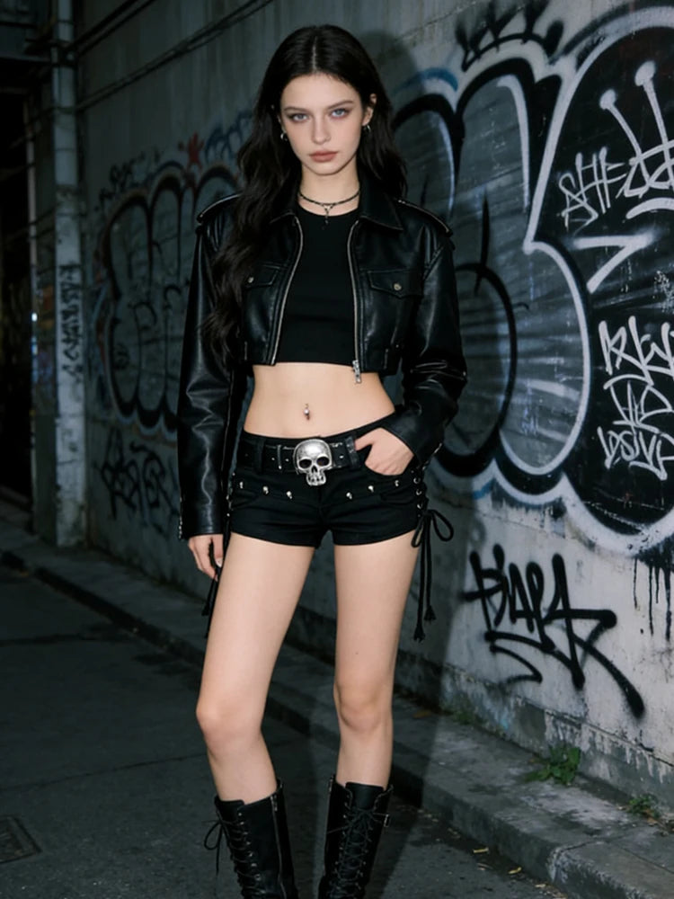 Morgana Gothic Low-Rise Lace-Up Black Denim Shorts Apparel One-piece