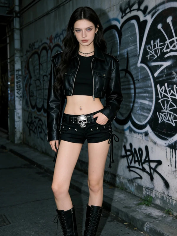 Morgana Gothic Low-Rise Lace-Up Black Denim Shorts Apparel One-piece