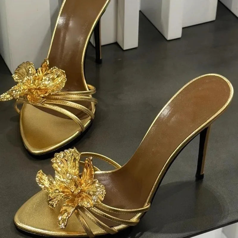 Rosette Metal-Flower Stiletto Sandals