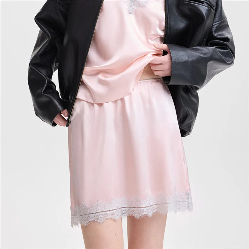 hirigin Summer French Women Satin Pajama Skirts Bottoms Lace Trim Silk Lounge Skirts High Elastic Waist Y2K Vintage Streetwear