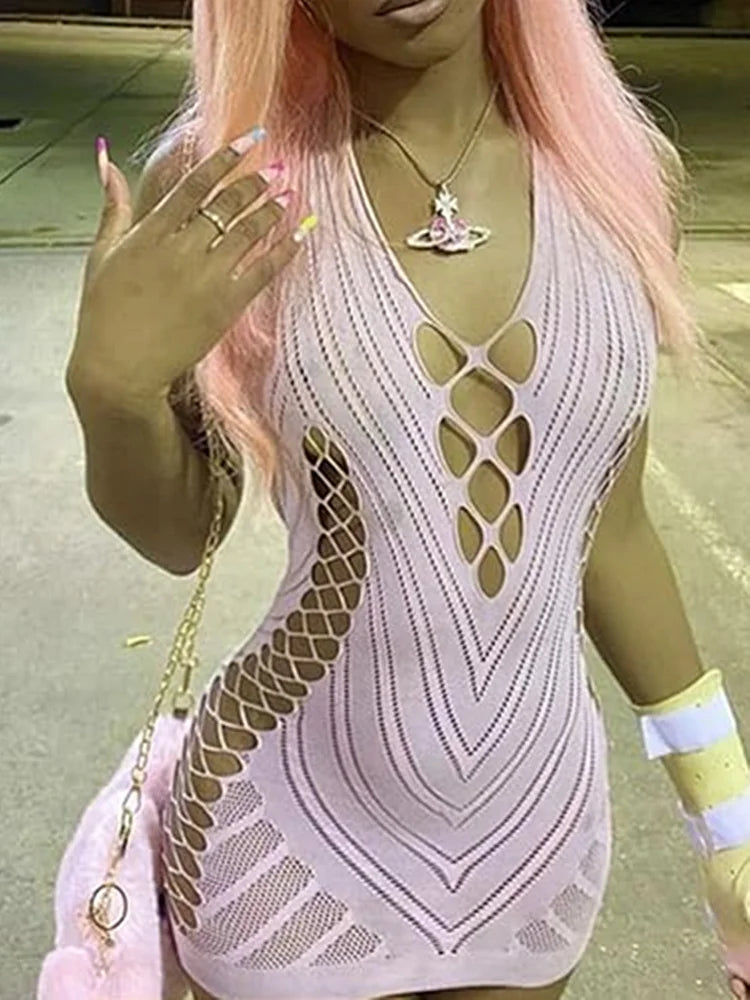 Ottavia Chevron Fishnet Lace-Up Halter Backless Bodycon Mini Dress