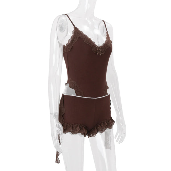 Talia Lace-Trim Bodysuit & Shorts Set Two-piece
