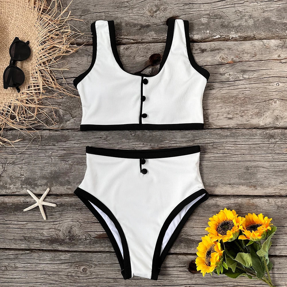 Sexy Black White Bikinis Women Swimsuit 2024 New High Waist Swimwear Female Bathing Suit Beachwear Biquini Maillot de bain