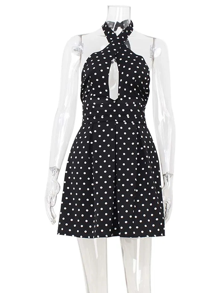 Leontyne Polka-Dot Cross-Halter Keyhole Backless A-Line Mini Dress