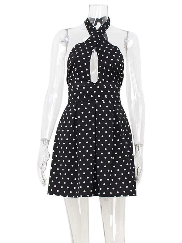 Leontyne Polka-Dot Cross-Halter Keyhole Backless A-Line Mini Dress