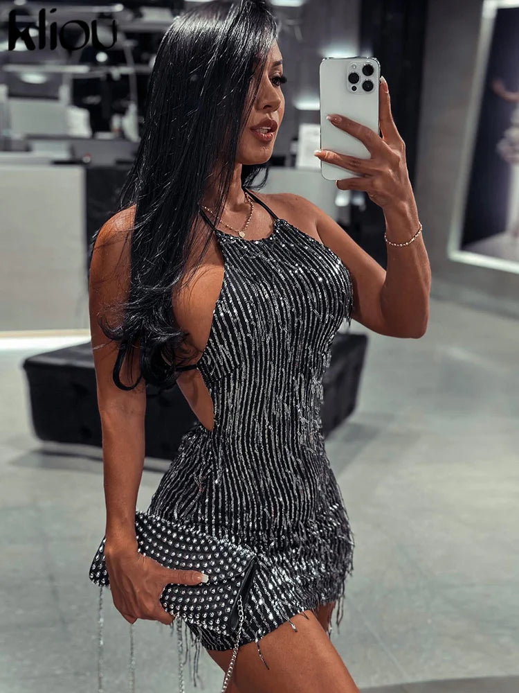 Mireya Shimmer Fringe Halter Mini Dress Main image