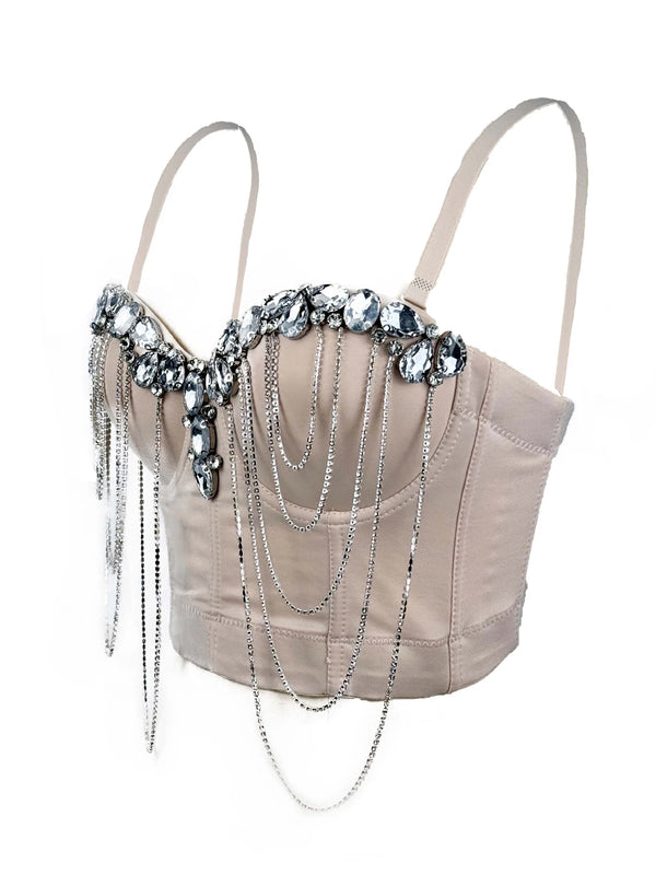 Sexy black white chain rhinestone corset crop top women summer club party halter tank top streetwear bustier cropped tube tops
