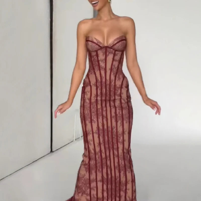 Zenobia Striped Floral Strapless Corset Backless Dress