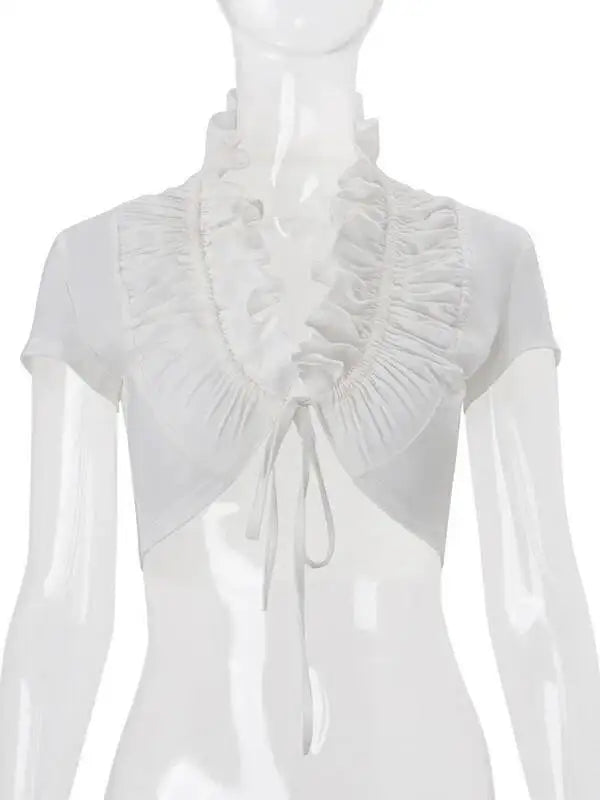 JULISSA MO Sexy Deep V-neck Ruffles Women Crop Top White Short Sleeve Lace Up Ruched Tops Female Summer Skinny Casual Streetwear
