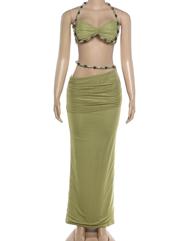 Kliou Beads Decoration 2 Piece Set Woman Halter Low-Neck Backless Camisole Tops+Elastic Waist Long Skirts Elegant Style Outfits
