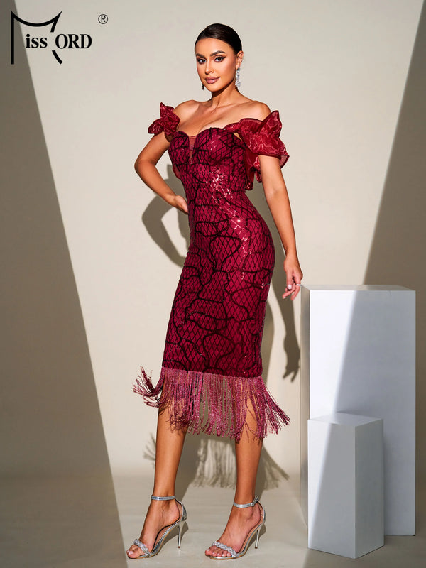 Elara Sequin Fringe Off-Shoulder Midi Dress
