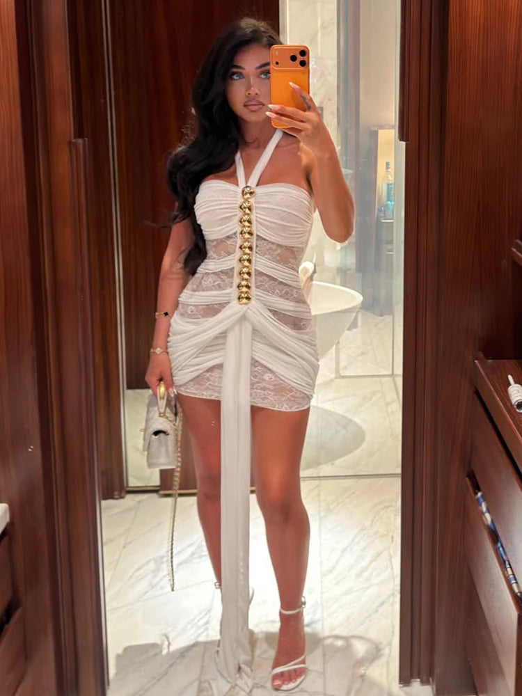 Kliou Metal Decoration Mini Dress Woman Halter Backless Mesh Patchwork Ribbon Skinny Peach Hip Midnight Club Party Sexy Bodycon