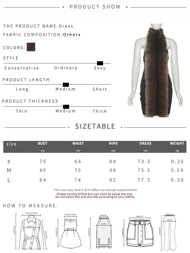 Weird Puss Fluff Patchwork Dress Women Halter Turtleneck Off Shoulder Backless Skinny Peach Hip Hottie High Street Style Bodycon
