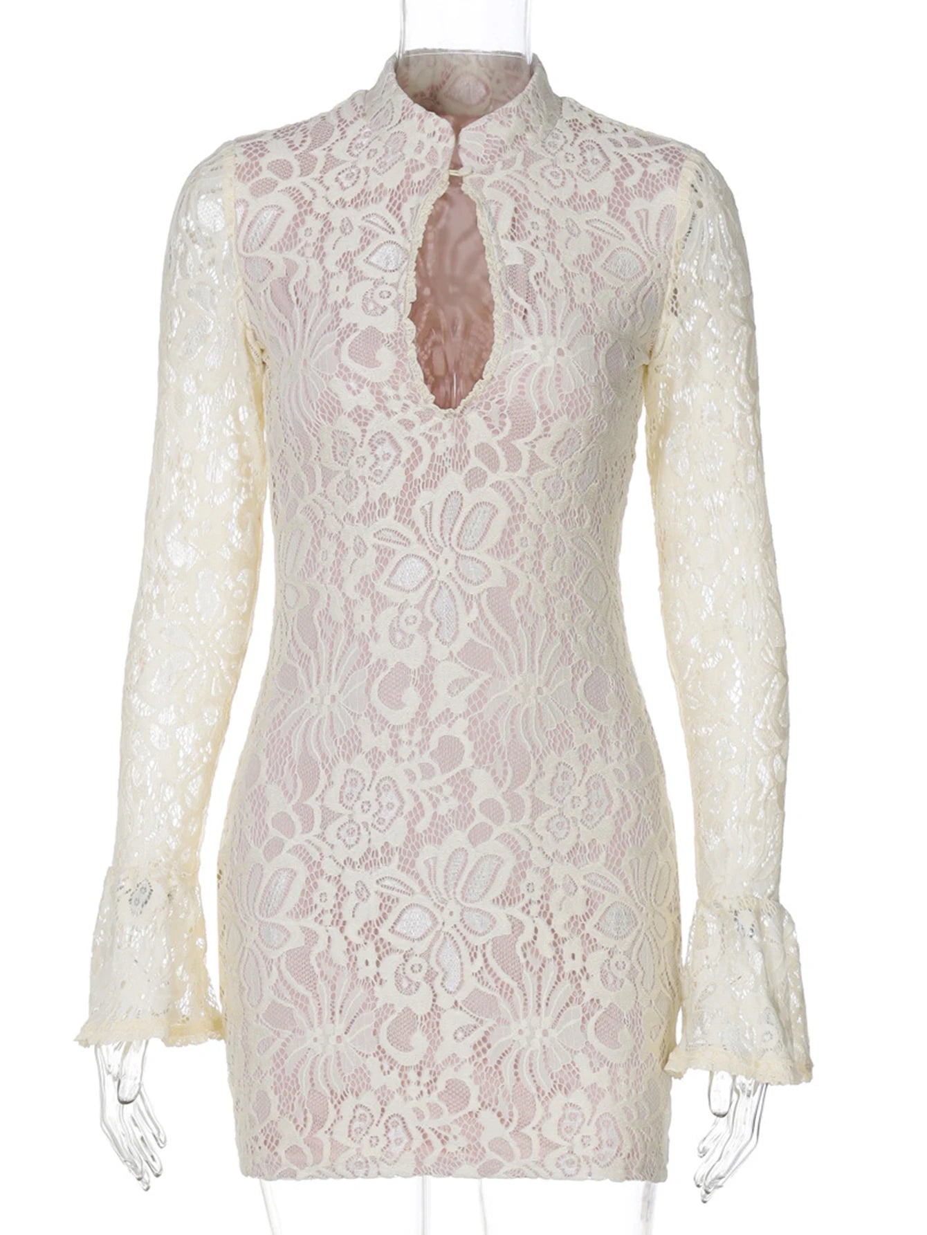 Mirelle Lace Flare-Sleeve Bodycon Mini Dress