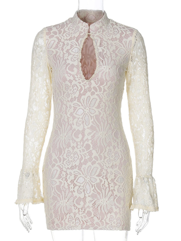 Mirelle Lace Flare-Sleeve Bodycon Mini Dress