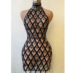 Selena Crystal Sheer Bodycon Halter Mini Dress